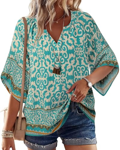 Bebonnie Linen Shirts for Women: 3/4 Sleeve Dressy Casual V Neck Boho Tops - Summer Linen Beach Vacation Clothes - Ladies Blouses Work Professional Flattering Outfits to Hide Tummy Multi Blue XL