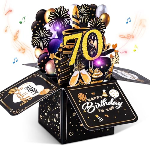 Joyoldelf 70 tarjeta de cumpleaños con música - Tarjeta pop-up de 70 cumpleaños con luces y velas interactivas, tarjeta de cumpleaños regalo para mujeres y hombres, tarjeta de felicitación 3D regalo