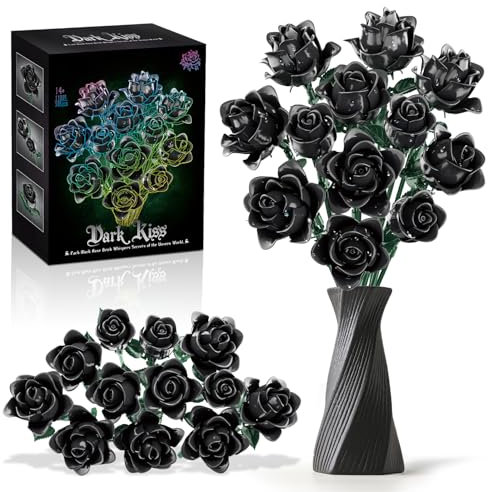 Klemmbausteine Blumen, Schwarzer Rosen Blumenstrauß Bausatz, 12 Kunstblumen als Zimmer-Deko, Rosenstrauß Geschenk für Partner, Freundin oder Freund, Künstliche Rose Blume Flowers Set für Erwachsene