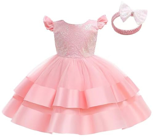 Lito Angels Robe pailletée Fille avec Bandeau | Bandeau assorti, Corsage pailleté, volants aux épaules, jupe tulle à étages, grand nœud au dos, Mariage, Cérémonie, Baptême