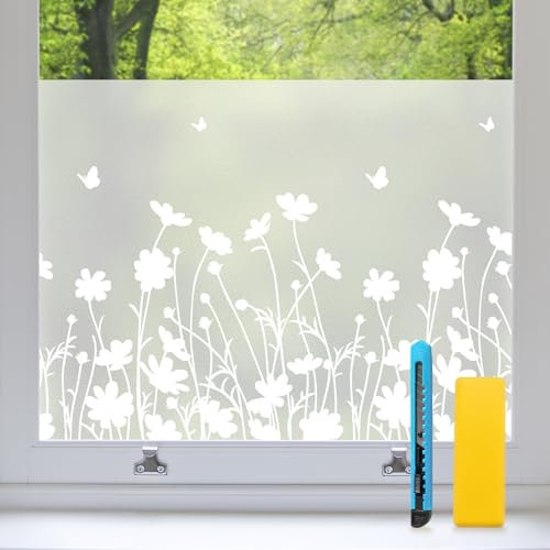 Zindoo Frosted Window Film Privacy Film for Glass Windows, Opaque Window Film Flowers Patterned Window Frosting Film with Tools, No Glue Static Cling Covering for Bathroom Kitchen Office, 44.5x200cm