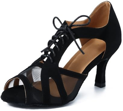 Jywmsc Mujeres Negro Zapatos de Baile de Salón Zapatos de Suela de Gamuza Salsa Latina Zapatos de Práctica de Tacón Bajo 7.5cm