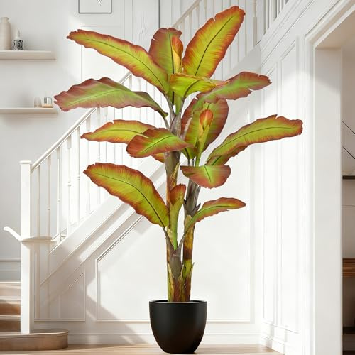 Fsslower Artificial Banana Golden & Purple Tree 7FT with 17 Tricolor Leaves & 3 Trunks Lifelike Thick Leaf Tall Large Faux Tropical Autumn Plant 84 Inch Black Pot for Indoor Home Office Corner Decor