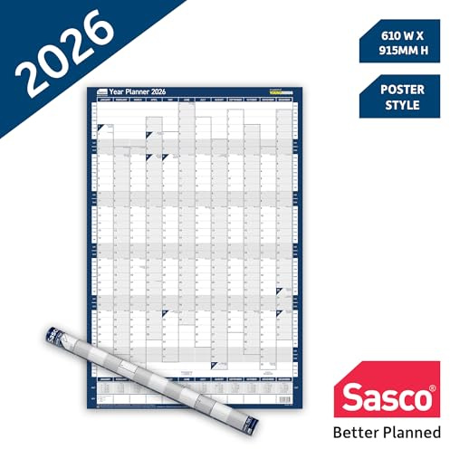 Sasco 2026 Portrait Wall Planner – Poster Style Year Calendar with Wet Wipe Pen & Stickers, 61x91.5centimeters, Blue – Calendar 2026 UK & ROI Holidays Marked – Practical for Office or School Walls