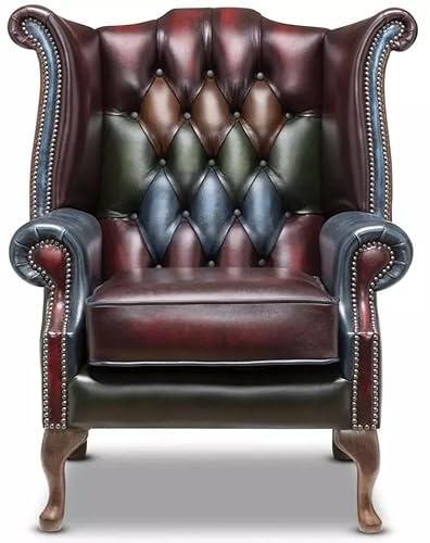 Chesterfield - Silla de respaldo alto Queen Anne - 100% piel auténtica de retazos envejecida | Sillón trasero hecho a mano con botones profundos, patas de caoba y marco de madera dura FSC | Artesanía