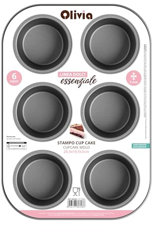 Stampo per cupcake 6 posti antiaderente – teglia muffin 26,5 x 18,5 x 3 cm in acciaio verniciato, sformatura facile e pulizia rapida, per forno domestico e professionale