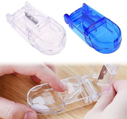 2 Taglia-Compresse Con Lama Di Precisione E Portapillole, Per Divisione Precisa, Ideale Per Anziani, Cura E Trasporto (Blu,Bianco).