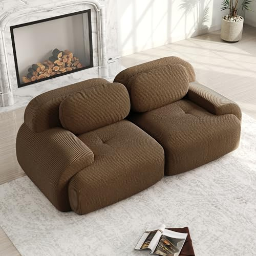 Modernes Cord Sofa Loveseat Modulares 2-Sitzer Wohnzimmer Couch mit geschwungenen Armlehnen, Ohne Montage- Rutschfester Boden, Hochelastische Polsterung (Braun, 2-Sitzer)