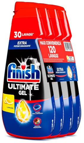 Finish Ultimate Gel, Detersivo per Lavastoviglie, 120 Lavaggi, 4 confezioni da 30 Lavaggi, Limone, Extra Potere Sgrassante, Extra Brillantezza, Pulizia Profonda