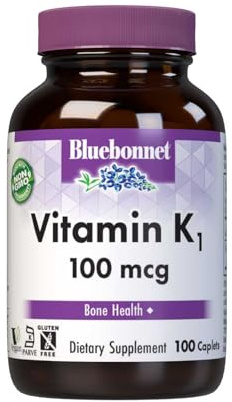 Bluebonnet Vitamin K1 100 mcg Supports Bone Health - Phylloquinone Crystalline Vitamin K Supplement - Non-GMO, Kosher Certified, Gluten-Free, Dairy-Free - 100 Vegan Caplets