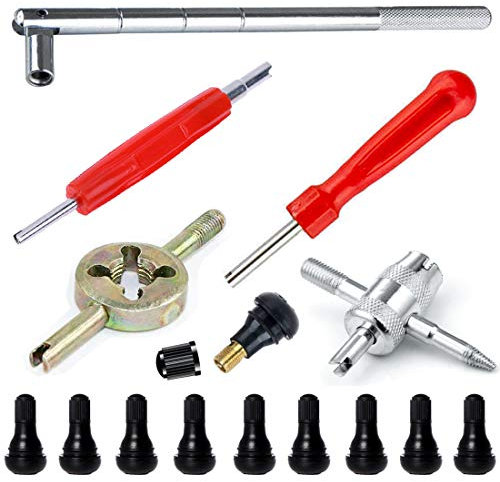 QISF Reifenventil Kern Werkzeug Set | 5 Stück Ventilwerkzeuge | Reifenventilentferner | 10 Stück Gummi Ventile TR 412 Reifenventile | Ventilwerkzeuge für Auto Fahrrad Motorrad Reifen Reparatur