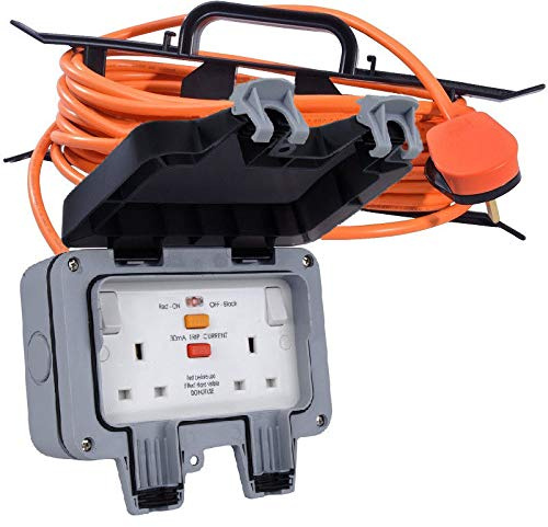 K M Electronics® Outdoor Garden 2 Gang RCD Double 13 AMP Switched Socket 10M Orange Cable IP66