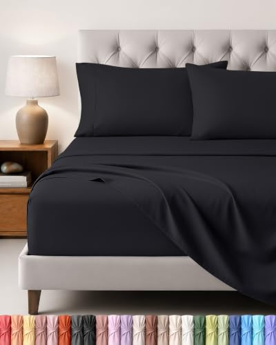 Utopia Bedding Bed Sheet Set, 4 Piece, Double, Black | Fitted Sheet, Flat Sheet with 2 Pillowcases 50x75 – OekoTex Certified, Polyester Microfiber Fabric – Wrinkle & Fade Resistant