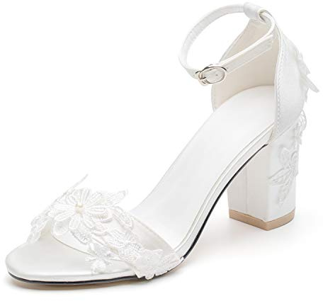 Women's Bridal Shoes Open Toe Comfortable Mid Block Heel Lace Satin Ankle Strap Wedding Dress Pump Sandals