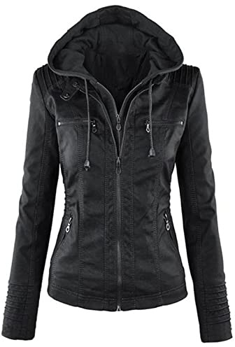 Oyrcvweuy Veste courte en similicuir avec capuche amovible pour femme - Blouson de moto zippé avec capuche amovible, Noir , M