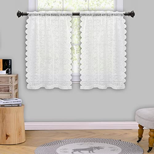 Pure White Floral Lace Curtains 36 Inch Length - Country Rose Floral Patterned White Lace Kitchen Tier Curtains, Scalloped Vintage Sheer Short Tier Drapes for Small Windows, 25 x 36 Inch, 2 Pcs