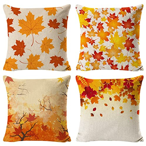 Set de 4 Fundas de Almohada, 45 x 45 cm Fundas de Cojín Acción de Gracias, Calabaza Otoño Fundas Almohadones, Funda Cojin para Exterior Sofá Cama Hogar