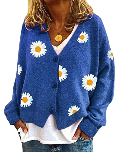Onsoyours Pull Cardigan Court pour Femmes Imprimé Marguerites Chandail Boutonné Manteaux Hauts Manteau Loose Tricot Côtelé Court à Manches Longues Et Col en V