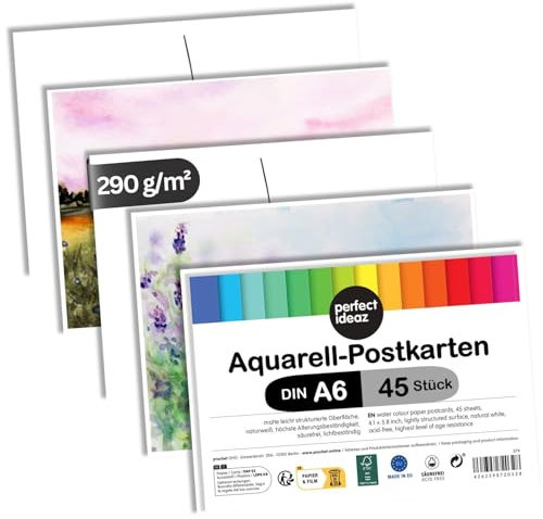 perfect ideaz - Aquarell-Postkarten blanko - 45 Blatt, DIN-A6, 290 g/m² - Premium Papier Naturweiß - zum Selbstgestalten - Watercolor Paper säurefrei, FSC® zertifiziert
