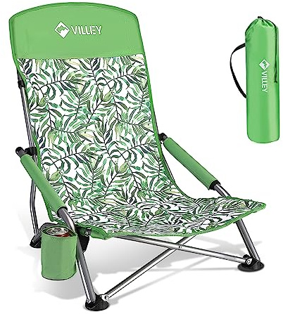 VILLEY Low Beach Chair, High Back Folding Beach Chair for Adults, Lightweight and Portable for Outdoor, Beach, Camping, Lawn, Music Festival, with Cup Holder and Carry Bag-Green Tropical Leaves