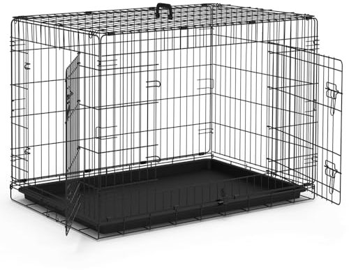 VOUNOT® Jaula para Perros de Alambre Metálico de 2 Puertas, Caja para Perros Perrera Plegable con Bandeja de Plástico Extraíble y Asa de Transporte, 92x58x64cm, Negro