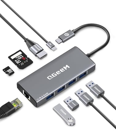 QGeeM USB C Hub Ethernet,9 in 1 USB Type C Hub HDMI Multi-Port Converter Adapter,100W Pd, USB 3.0,SD/TF Card Reader,Compatible for MacBook Neo Pro Air Ipad HP Dell Lenovo Chromebook etc.-Gray