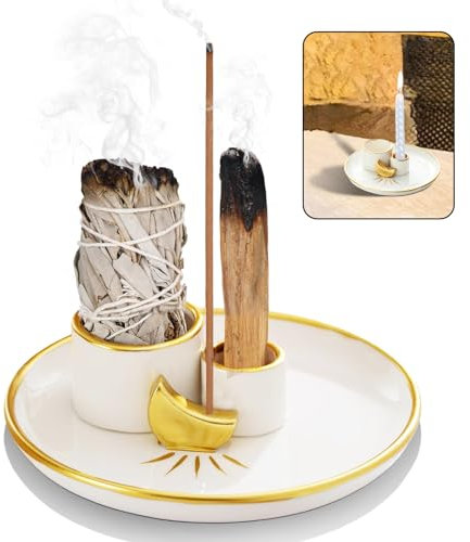 Salbeihalter,Räucherstäbchenschale,Keramik-Räucherstäbchenhalter, Brennschale für weißen Salbei/Palo Santo Stick/Räucherstäbchen, 3-in-1-Räucherschale mit weißem Salbeibündel (Gold)