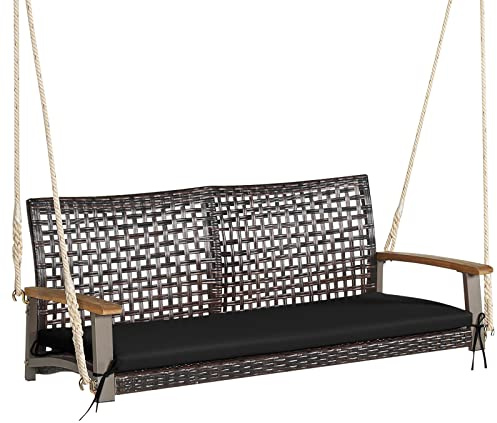 LIFEZEAL Columpio Colgante de ratán de 2 plazas, Columpio de jardín con cojín de Asiento, Columpio Doble de ratán PE con Cuerdas de Patio, Silla balancín con Respaldo y reposabrazos (Negro)