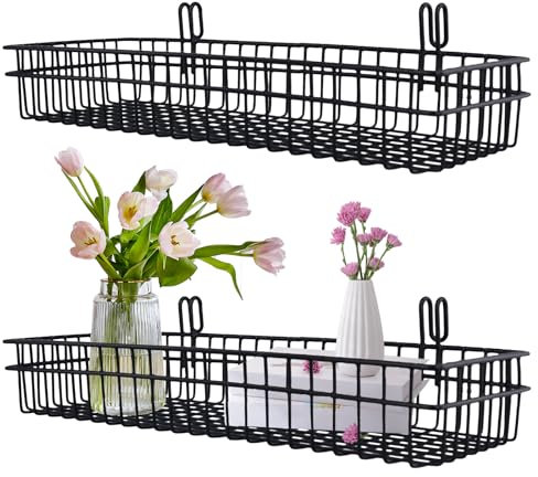 XIHIRCD 2pcs Metal Wire Baskets for Storage, 15.7 x 5.9 x 2.4 Inches Slatwall Panel Display Basket Hanging Wall Grid Panel Basket with Hooks Organizing Accessories for Home Kitchen Dormitory, Black