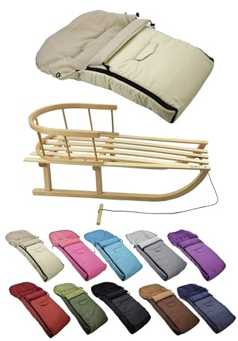 Kombi-erbjudande [träsläde universell vinteråkpåse 90 cm] kälke med ryggstöd och dragrep, fotsäck, lämplig för babystol, barnvagn, buggy med termofleece (beige)