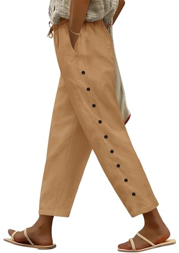 Voqeen Pantalon Femme Été 7/8 Pantacourt Fluide Léger avec Poches Pants de Plage Ample Décontracté Taille Elastique en Coton Pantalon de Travail avec Cordon