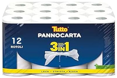 Tutto - 4 Confezioni da 3 Rotoli (12 Rotoli) di Carta da Cucina Senza Profumazione per Pulizia di Superfici e Preparazione di Alimenti