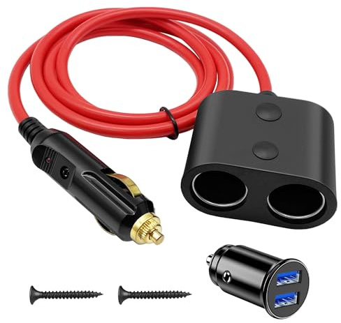 Dexumodbk Adaptateur répartiteur allume-cigare 180 W haute puissance 1 prise vers 2 prises allume-cigare 18 AWG, 12 V/24 V double port USB chargeur de voiture pour voitures, SUV, camions