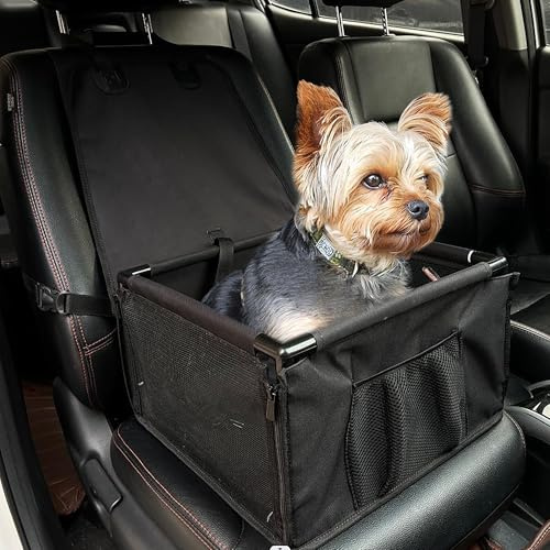 CALIYO Asiento de coche para perros con cinturón de seguridad estable y marco de PVC, resistente al agua de alta calidad para el asiento trasero y el asiento delantero del coche (negro)