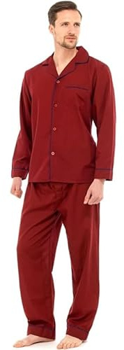 Mens Pyjama Set –Soft Cotton Traditional 2 Piece Pjs Classic Button Down Nightwear Long Sleeve Top & Elastic Waist Bottoms | Sleepwear & Loungewear with Chest Pocket- Wine 2XL