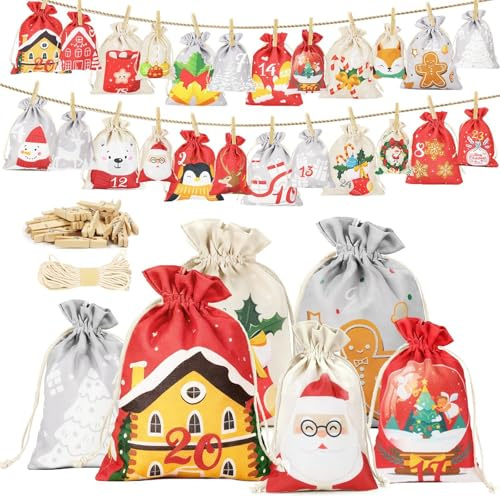 Calendrier de l'Avent à Remplir Soi-même - 24 pièces Calendrier de Noël en tissu Réutilisables 2025, Calendrier de l'Avent Sachets Noël Sachets Cadeaux pour Femmes, Hommes, Filles, Garçons
