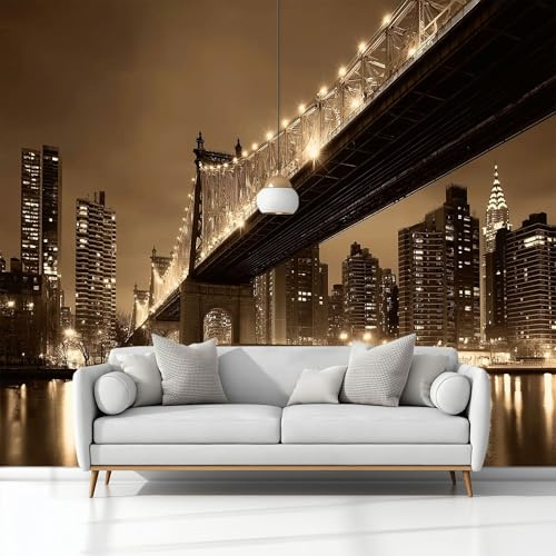 Papel Tapiz Fotográfico Efecto 3D Moderno Ciudad Nueva York Puente., Marrón Oscuro Papel Pintado Tejido No Tejido 250 x 175 cm (An x Al) - Decorativos Murales para Pared Salón y Dormitorio