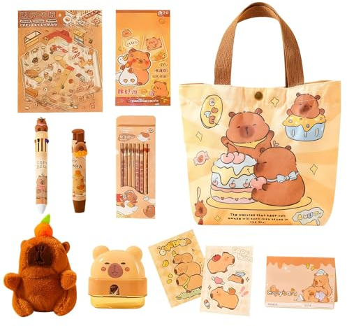 Générique Capybara brevpappersset - canvasväska 26,5 x 23 x 7,5 cm med 10 i 1 färgpenna, pennor, suddgummi, pennskärare, anteckningsböcker, klistermärken, | skolbrevsats för, F