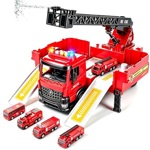 Camion Bomberos Grande Juguete con Pistola de Agua, Sonidos Y Luces – Vehículo de Bomberos Transformable con 4 Coches en Fundición a Presión – Regalo de Cumpleaños para Niños a Partir de 3 Años