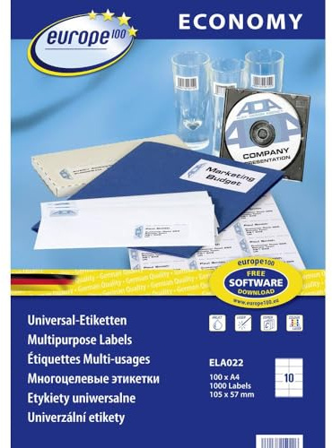 Europe100 Art. ELA022 Adressaufkleber (1.000 Klebeetiketten, 105x57mm auf A4, Papier matt, individuell bedruckbar, selbstklebende Adressetiketten, kompatibel zu AVERY 3425) 100 Blatt, weiß