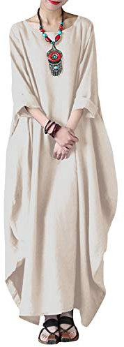 Celmia Women's 3/4 Sleeve Round Neck Solid Loose Long Maxi Dress Cotton Gown with Side Pockets Khaki-a L