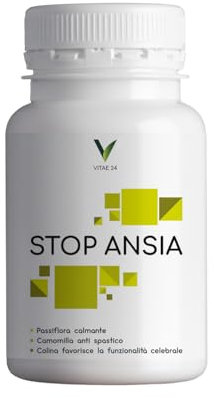 Vitae 24 Integratore per la mente Stop Ansia, Integratore Vegetale a Base di Passiflora, Biancospino, Tiglio, Camomilla, Magnesio gluconato, Colina - Integratore Rilassante Calma Stress (30 Capsule)
