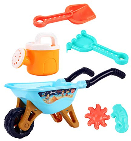 Toddmomy Kids Wheelbarrow Set 6 Pieces Beach Sand Toys Play Cart with Water can Rake Molds for Outdoor Fun in Yard and Park