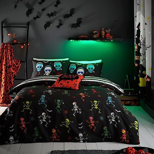 Bedlam Copriletto Halloween Scheletri Matrimoniale (200 x 200cm) - Reversibile (2 Design) - Copriletto Luminoso al Buio - Scheletri e Teschi - Biancheria e Decorazioni Halloween