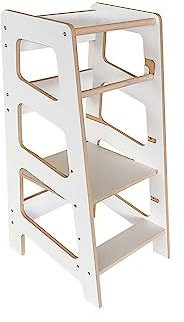 BABYLIKE Montessori Lernturm für Kinder | Lernstuhl ab 1 Jahr | Learning Tower | Tritthocker mit 2 Stufen & verstellbaren Fachböden | 46x40x85 cm| Weiss