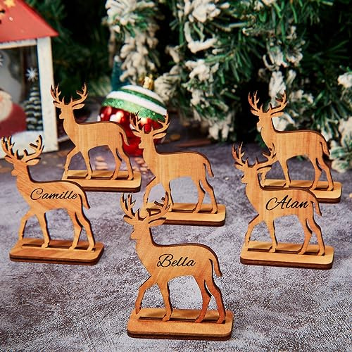 6 Pcs Christmas Reindeer Place Cards, Wooden Freestanding Name Displays | Xmas Table Decorations, Clear Writable Name Areas, Guides Guests to Seats, Decorates Family Dinners, Parties Winter Weddings
