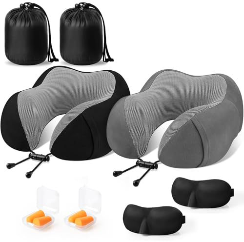CloudBliss Memory Foam Travel Neck Pillow, Set of 2, Black & Grey