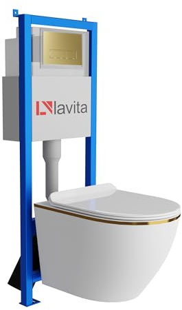Lavita LAV 101 Sofi Slim Gold Line Élément mural pour WC 40 cm + évier mural suspendu sans bord + panneau de commande LAV 200.3.5 doré | Kit complet | Réservoir de chasse encastré | WC complet