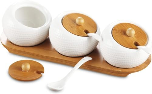 Porcelain Spice Jar Set, Ceramic Condiment Jar with Bamboo Lid and Holder Spot, Ceramic Serving Spoon, Spice Jars Container for Sugar/Salt/Pepper, White Seasoning Box for Your Home, Kitchen