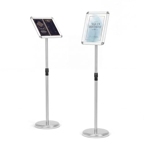 QWORK® A4 Porte-Affiche en Aluminium - Pied Présentoir Publicitaire Rotatif à 360° - Coin Sûr - Hauteur Réglable 75~120cm(Argent, A4)